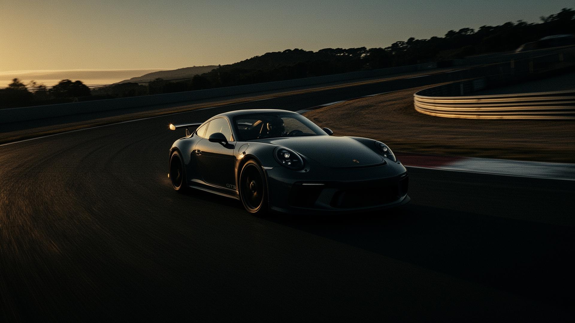 Sports car mid-corner at sunset on a road course